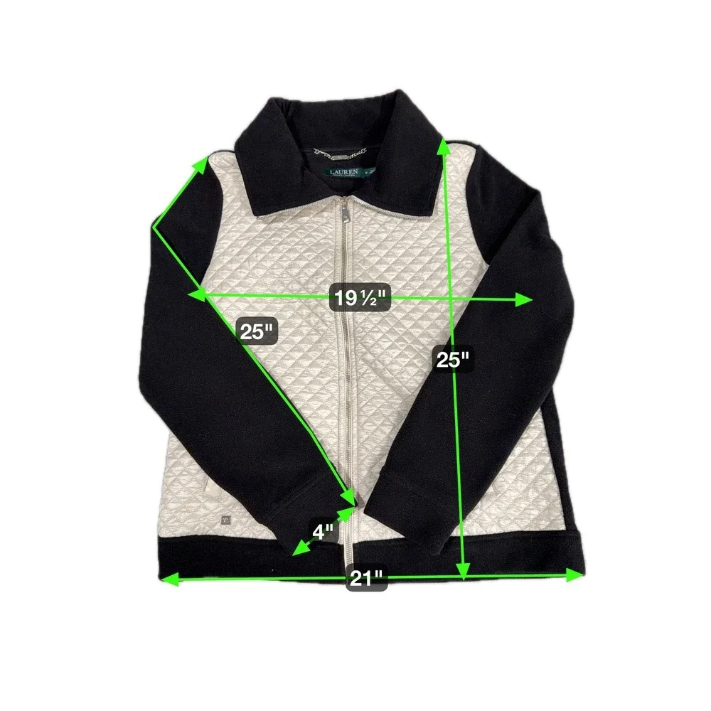 Lauren‎ Ralph Lauren Quilted Fleece Jacket Women's Size Medium Black Cream Zip